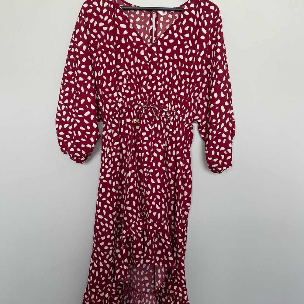 Burgundy & Cream dot dress with 3/4 Sleeve